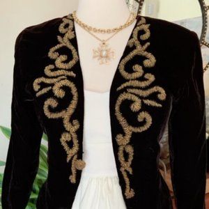 Vintage Black Velvet Blazer Gold bugle beads sz xs